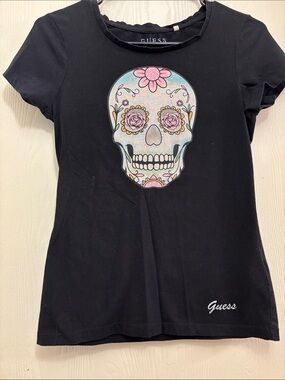 Guess Black Tee with Pastel Sugar Skull Graphic